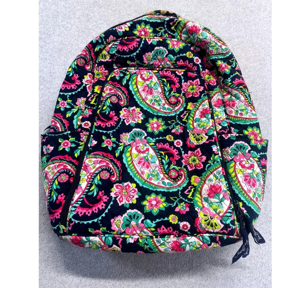 Vera Bradley Campus Backpack Womens Large Navy Pink Paisley In Paradise Quilted